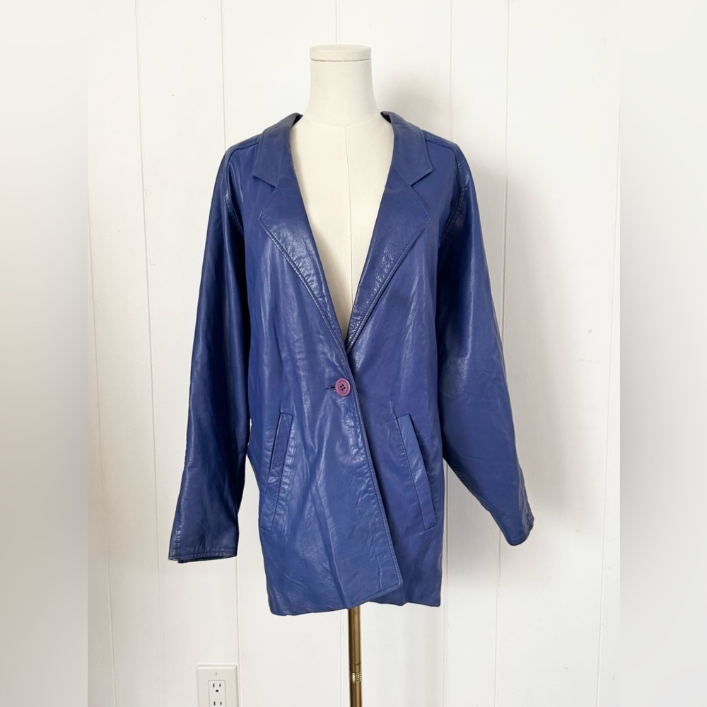 Vintage VAKKO Blue Leather Jacket Single Button XS
